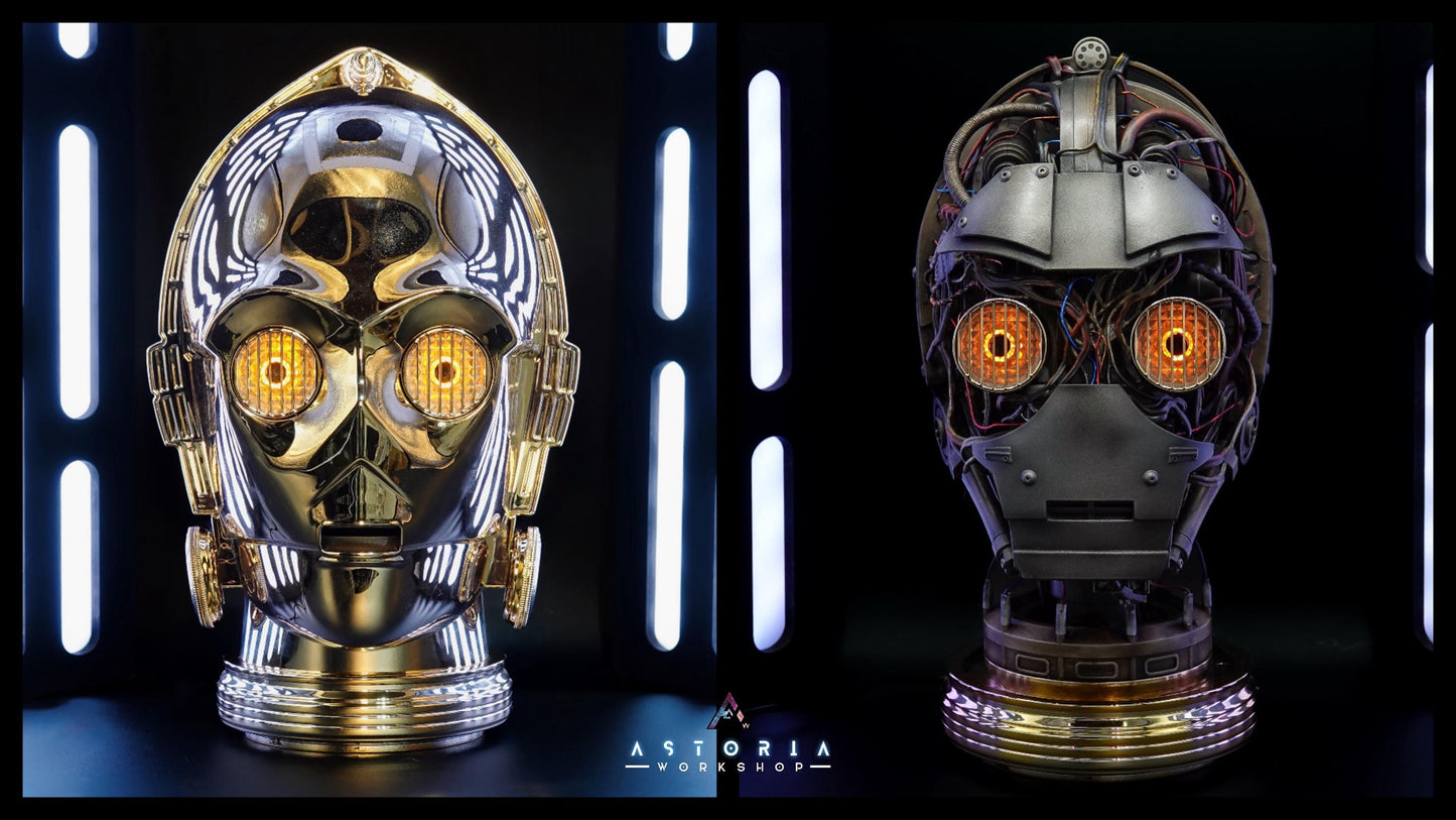 C-3PO Custom Weathering Exposed Droid Bust with Lights, Star Wars C3PO Life Size Head Sculpt Droid Depot Galactic Archive Service